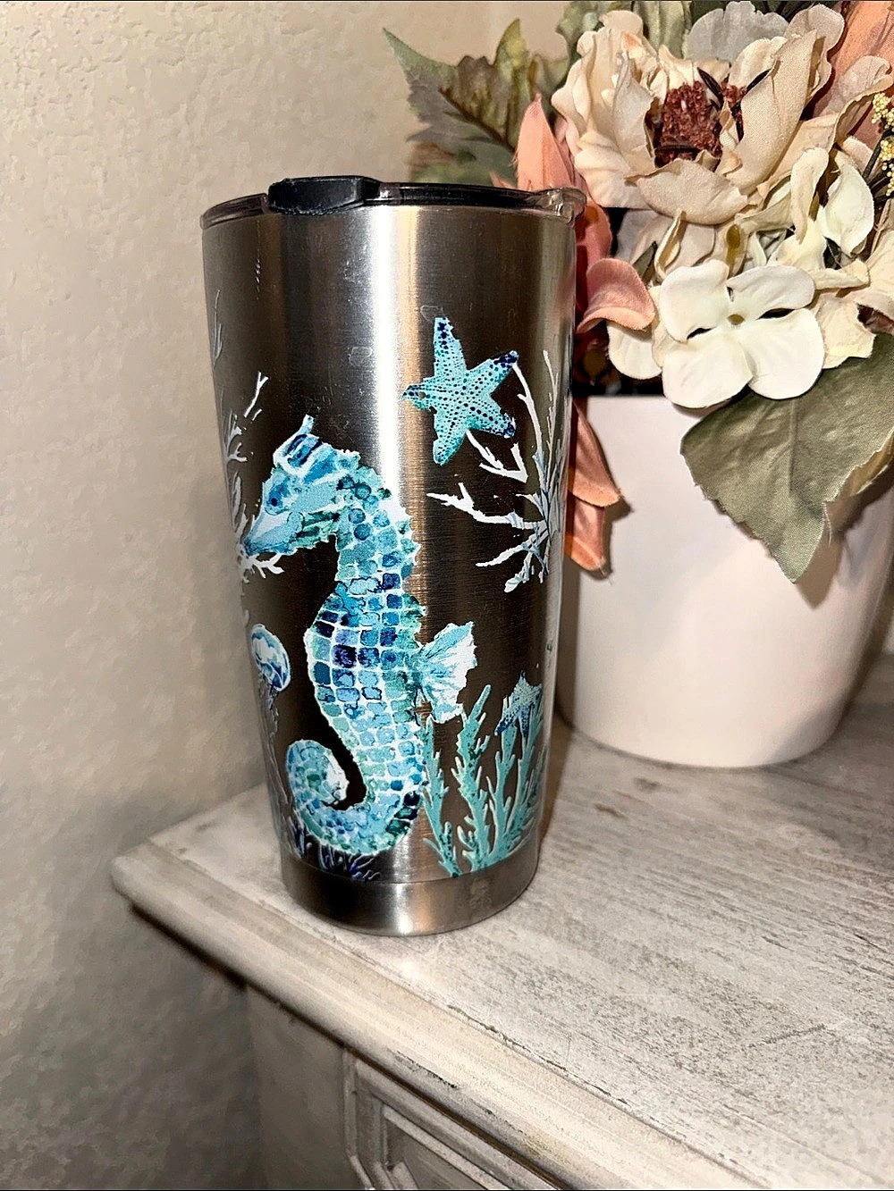 Stainless Steel Coastal Tumbler Seahorse Starfish